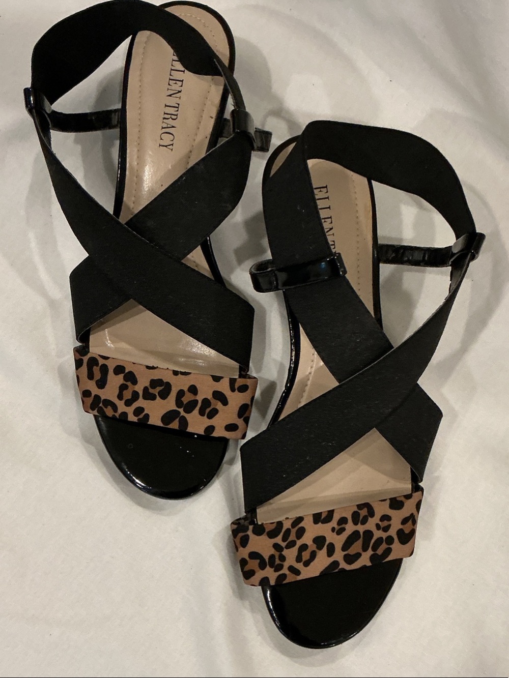 Ellen Tracy Black Sandals with Leopard Toe Strap